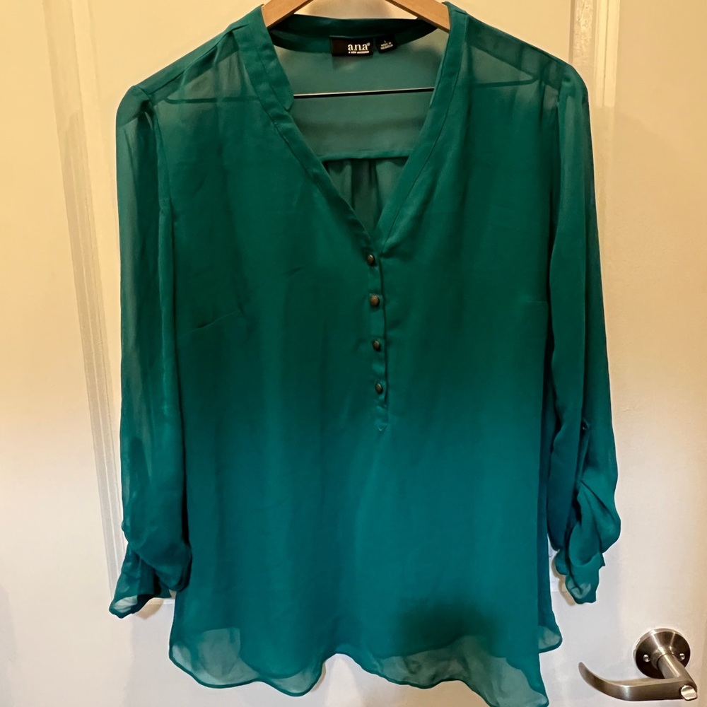 EUC ANA Sheer Emerald Teal Blouse Shirt sz L